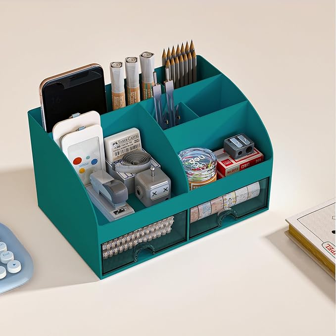 Desk Organizer with 6 Compartments and 2 Drawers, Plastic Makeup Organizer, Pen Holder for Desktop Storage, Desk Organization for School, Home, Office Supplies (Dark Green)