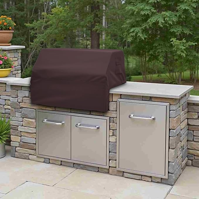 Covers & All Built-in Grill Cover for Outdoor Grill – Heavy Duty 12 oz Waterproof Built-in BBQ Grill Cover, PVC-Coated Polyester with Elastic Hem for Snug Fit (36 x 26 x 14 inches, Coffee)