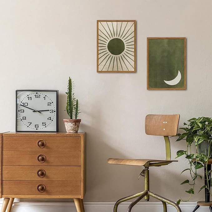 Framed Boho Sun and Moon Canvas Wall Art Set of 2, Vintage Sage Green Bohemian