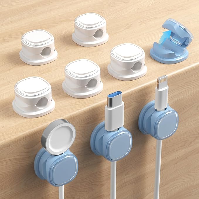 9 Pack Cord Organizer, Spring Cable Management, Adhesive Cute Cable Holder Clips, Phone Charger Wire Keeper for Desk Nightstand Car Office (9-Pack White_Blue)