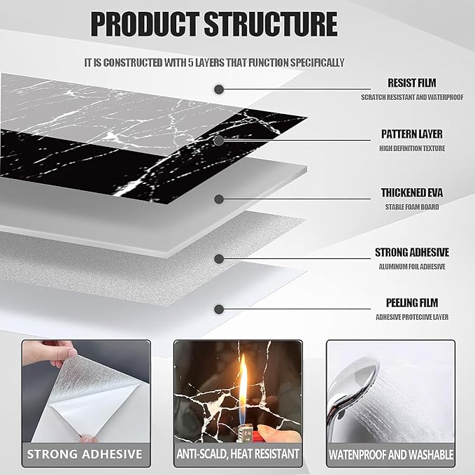 10pcs Peel and Stick Tile Shower Waterproof Marble Tiles Wall Panels,