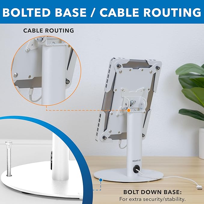 Mount-It! Universal Tablet Stand with Tilt, Anti-Theft Retail iPad POS Kiosk Stand, Fits Tablets from 9.7" to 13" Screen Size, 90° Rotation for Portrait and Horizontal Viewing, Durable Steel, White