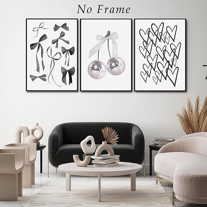 BOKPEN 3pcs Black and White Trendy Preppy Wall Art Bows Disco Ball Many Heart