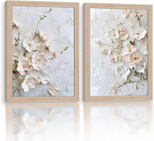 Framed 3D Floral Canvas Wall Art Textured Floral Oil Painting Modern Neutral