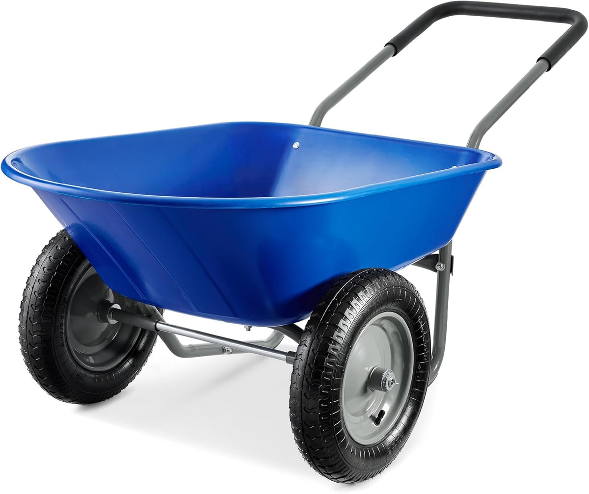 Best Choice Products Dual-Wheel Home Utility Yard Wheelbarrow Garden Cart w/Built-in Stand for Lawn, Gardening, Construction - Blue
