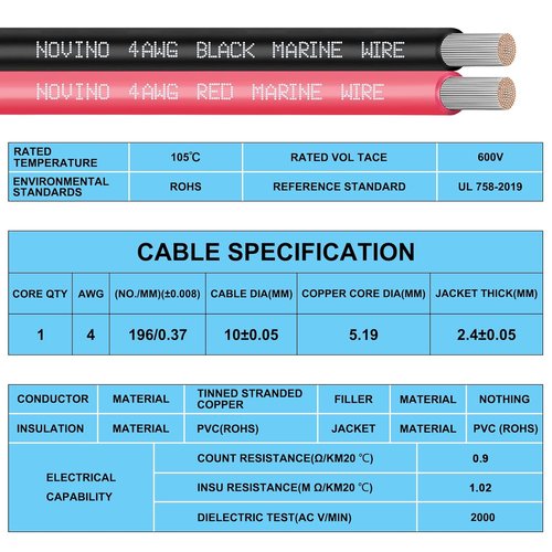 **4 Gauge Marine Wire - Oxygen-Free Tinned Copper Electrical Cable | 10FT Black & 10FT Red for Boats & Trailers**
