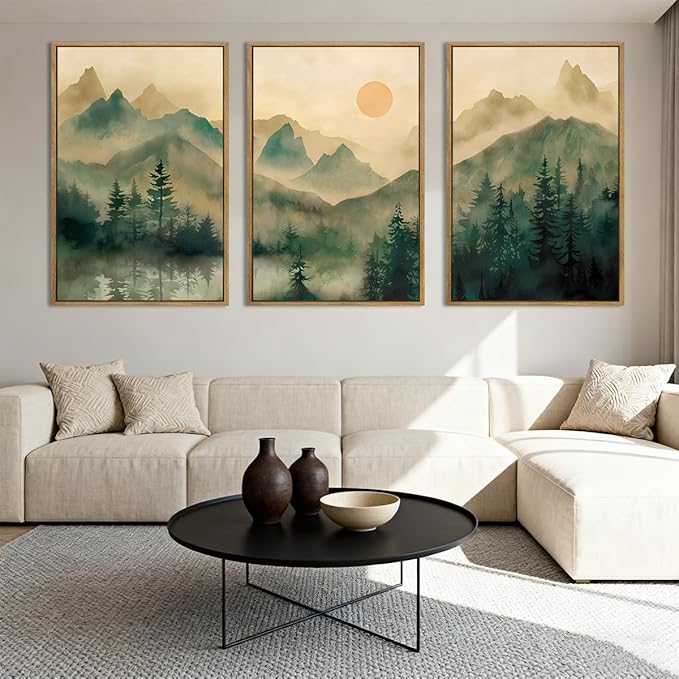 IARTTOP Large Mountain Framed Canvas Wall Art 16x24 Inch Green Foggy Forest Landscape Art Prints Set of 3 Nature woodland Landscape Wall Decor for Living Room Bedroom Office