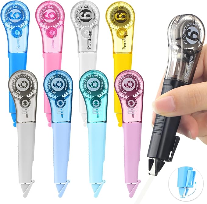 auroray 9 Pack Correction Tape Pens 1/5" X 236", 9 Color Correction Tape Comfortable Pen Shape Correction Pen Easy to Use Applicator for Instant Correction Students School Office Supplies