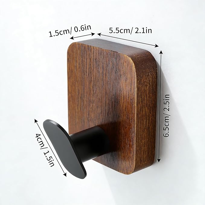 DELITON Wooden Wall Hooks, 4 Pack Acacia Adhesive Towel Hooks Sticky on