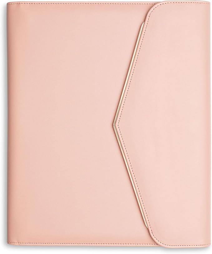 FOREVERMORE PORTFOLIOS Padfolio Binder Organizer for Women | Faux Leather Portfolio Folder for Resume, Documents, Notebook, Tablet and Business Cards | Notepad Included - Pink with Gold Edge