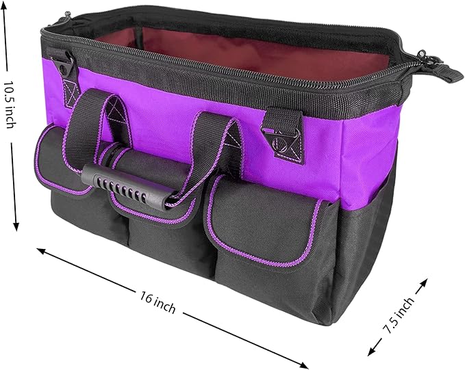 Garden Tools Bag 16 inch Wide Mouth Tool Bag with Molded Base Tool Tote for Women, Heavy Duty,600D polyester fabric (Purple color)