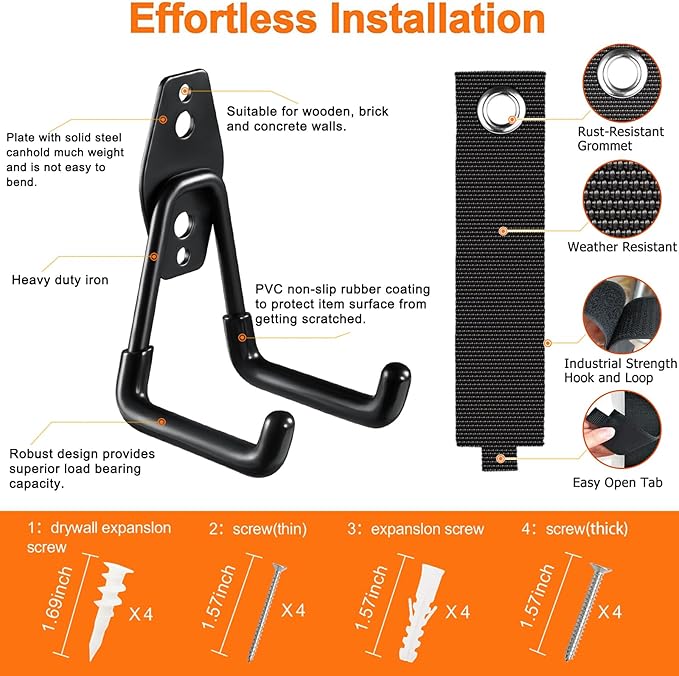 HUPBIPY Heavy Duty Garage Hooks 4 Pack, 7.7 inch U Shaped Long Hanger, with 2 Extension Cord Holder Organizer, Wall Mounted Storage System, for Power and Garden Tool Hanging， Ladders, Bikes, Hose