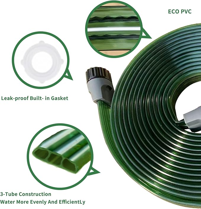 Watoo 2026 Sprinkler Hose & Soaker Hose for Yard - 150FT (50 * 3) Reinforced Flat Garden Hose with Holes, Heavy Duty No-Kink Lawn Irrigation Hose (Includes Stakes, High Pressure Spray)