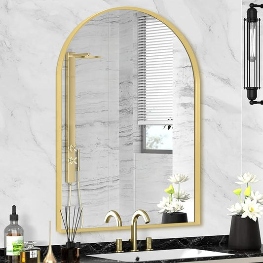 22" x 30" Gold Arched Mirror, Arch Bathroom Vanity Wall Mirror, Modern Aluminum