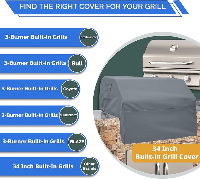Covers & All Built-in Grill Cover for Outdoor Grill – Heavy Duty 12 oz Waterproof Built-in BBQ Grill Cover, PVC-Coated Polyester with Elastic Hem for Snug Fit (34 x 30 x 18 inches, Grey)