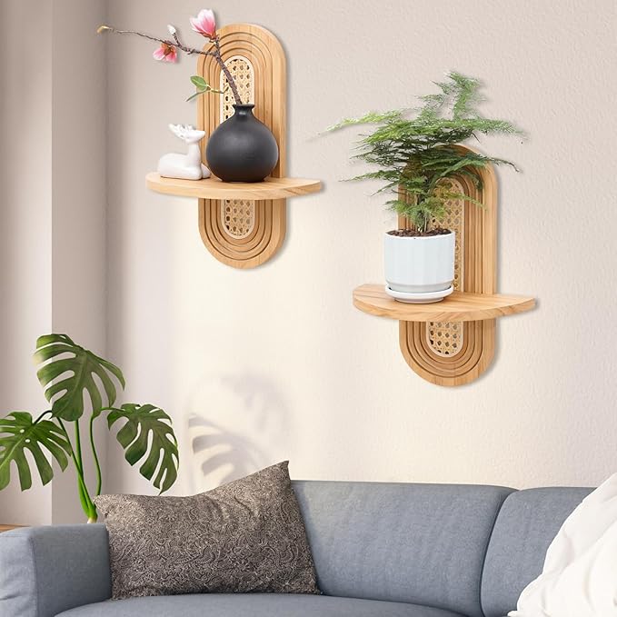 Floating Shelves for Wall, Boho Home Wall Decor, Rattan Plant Shelf Set of 2