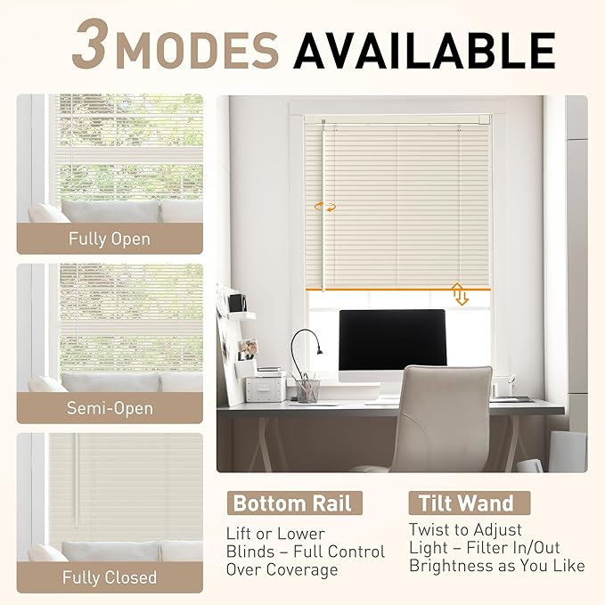 No Drill No Tool 1" Vinyl Mini Blinds, Light Filtering Horizontal Window Blinds