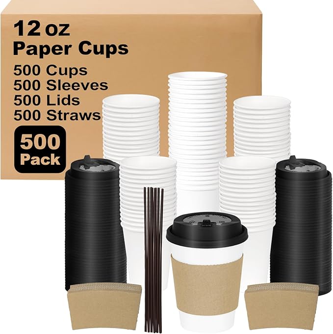 Coolcap 12 oz 500 Pack Coffee Cups with Lids and Sleeves, Straws, Hot Disposable To Go Travel Paper Cups Bulk for Office, Home Coffee Bar Accessories, Chocolate, Cocoa, Beverage (White)