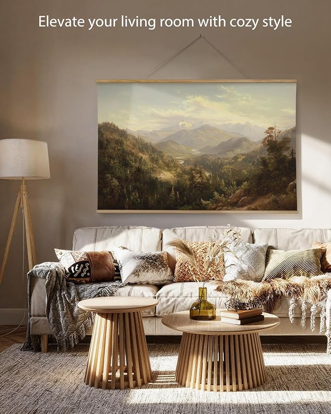 ARPEOTCY Extra Large Vintage Framed Wall Art, 36x54 Inch Mountain Mist Forest Landscape Hanging Canvas Prints Scroll Wall Art Decor for Living Room Bedroom, Retro Scenery Pictures Above of Bed