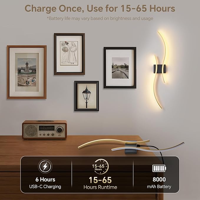 Battery Operated Wall Sconce Set of 2, Dimmable Modern LED Rechargeable Wall
