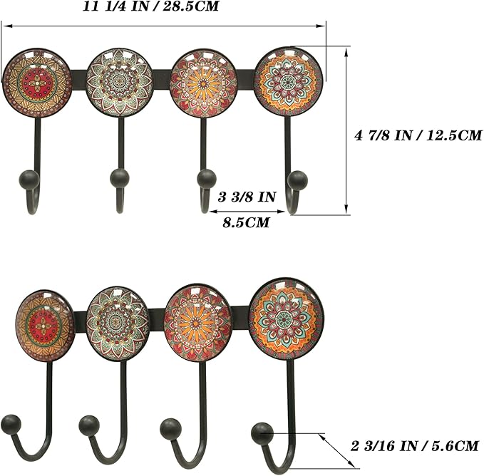 Coat Rack Wall Mounted with 4 Hooks, Round Brown Pattern Decorative Wall Hooks