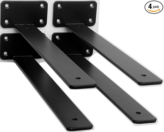 4 Pack - 12 inch Black Hidden L Shelf Bracket Iron Floating Shelf Brackets