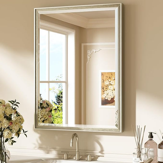Keonjinn Brushed Nickel Bathroom Mirrors 24" x 32", HD Tempered Glass