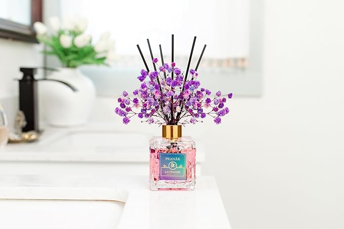 PEANÄK Reed Diffuser Set - French Lavender Fragrance 6.7oz (200 ml) - 2 Pack Real Preserved Flowers & Reed Sticks for Home & Office Bathroom Shelf Décor with Long Lasting Gift Scents