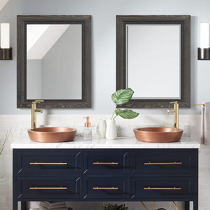 YOSHOOT Rustic Wooden Framed Wall Mirror, 40x30 Inch, Natural Wood and Iron