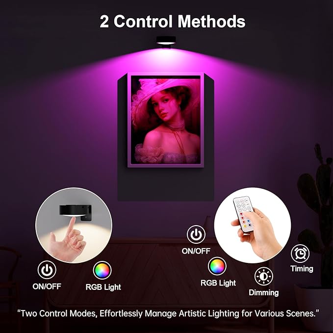 3 Pack Picture Lights for Wall, 13 RGB Color Rechargeable Battery Operated wall