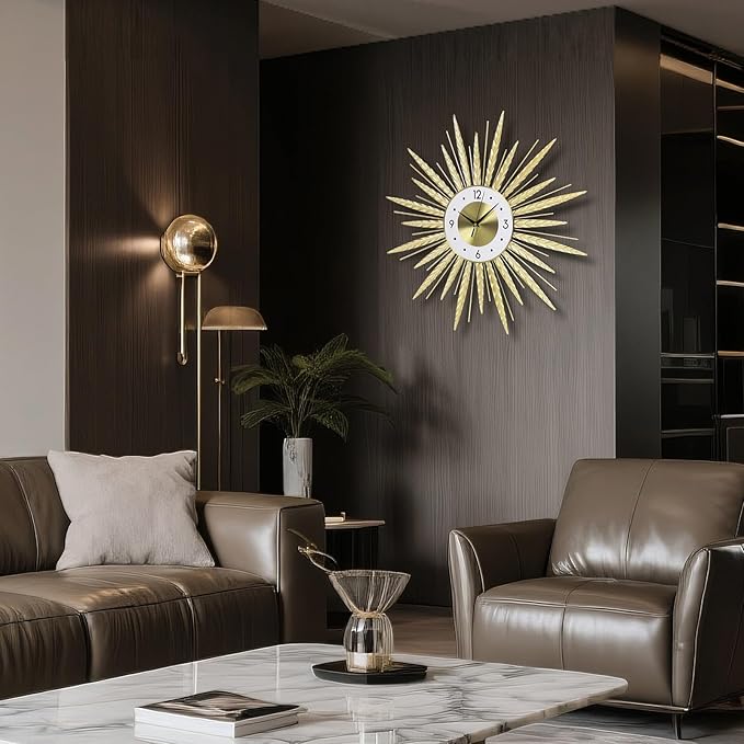 23 inch Gold Starburst Wall Clock, Silent Non-Ticking Large Modern Starburst