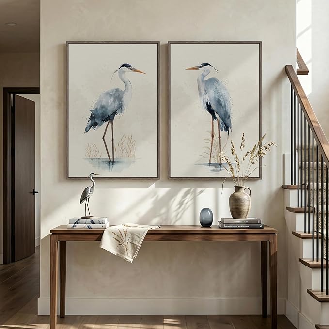 Large Framed Vintage Bird Wall Art, 2 Piece Neutral Blue Heron Canvas Painting