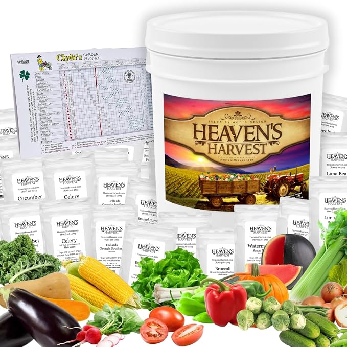Heavenâs Harvest - 10 Year Survival Or Homestead Garden | 25k+ Heirloom Vegetable Seed Bank Kit | Includes Free Clydeâs Garden Planner & Seed Vault Storage Drum | Non-GMO