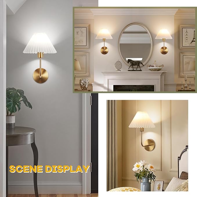 Wireless Wall Sconce Sets of 2, Pleated Shades Rechargeable Battery Operated