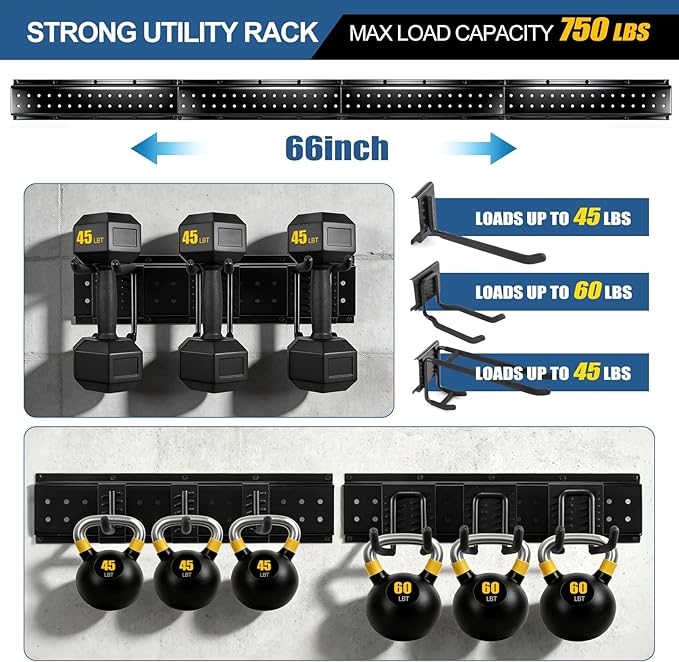 66'' Garage Tool Organizer Wall Mount 21PCS, 750lbs Heavy Duty Garden Tool Organizer with 17 Adjustable Hooks, Yard Tool Hanger for Shovel Rake Broom Ladder, Garage Wall Organization, Men's Gift