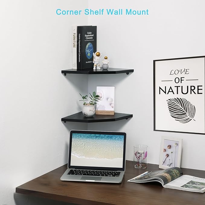 Corner Wall Shelves Set of 2, Rustic Wood Corner Floating Shelves