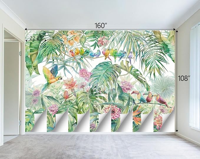 Tropical Green Botanical Flower Birds Leaf Wallpaper Bedroom Plant Floral Mural