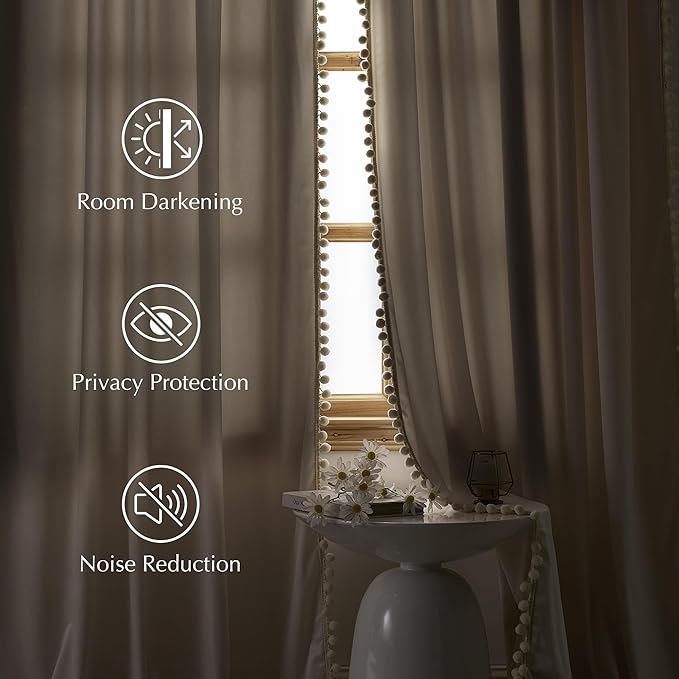 NICETOWN Cute Pom-Pom Trim Velvet Curtains 8 ft Long, Ivory White – Delicate