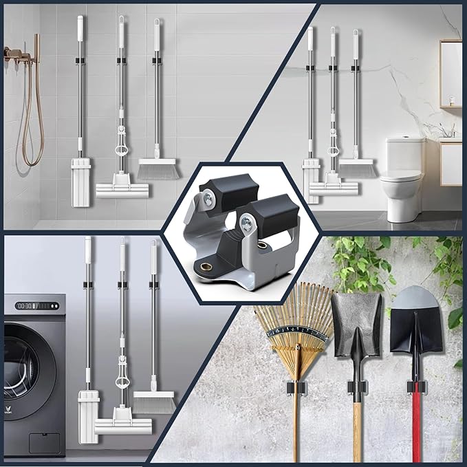 3-H Mop and Broom Holder Wall Mount 8 Pack, Broom Holder for Garage Garden Shed Storage System Laundry Room Home Kitchen Organization (Black)