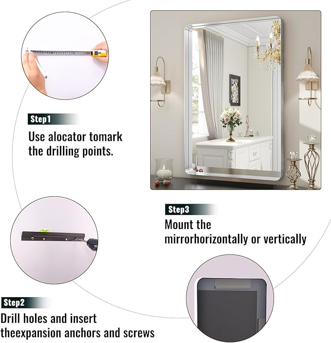 Easly Silver Bathroom Mirror for Wall, 36x24 Inch Rectangular Aluminum Alloy