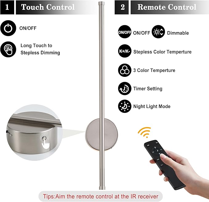 Battery Operated Modern Wall Sconces, Dimmable Wireless Wall Light Set of Two