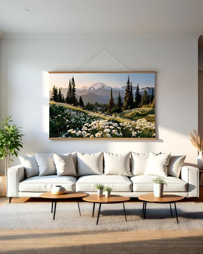 VIYYIEA Extra Large Size Canvas Wall Art, 36x54 Inch Mountain Landscape Scroll Painting with Wildflowers and Pines, Oversized Nature Wall Hanging for Living Room, Bedroom, or Office Decor