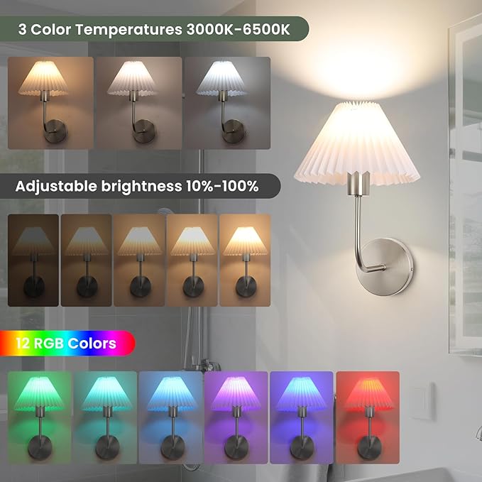 Wireless Wall Sconce Sets of 2, Pleated Shades Rechargeable Battery Operated