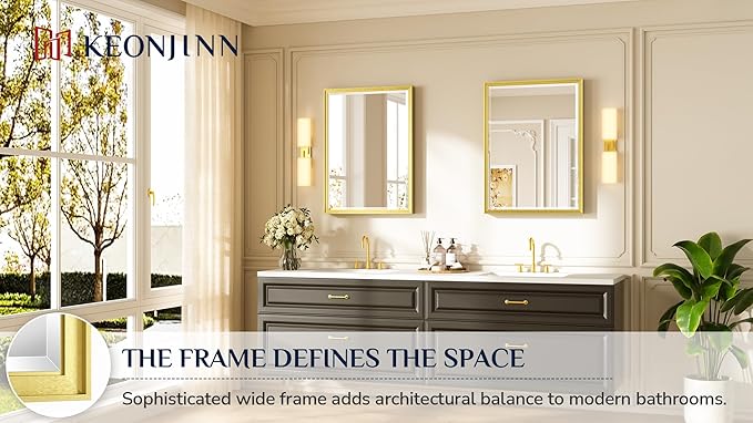Keonjinn 24" x 32" Brushed Gold Bathroom Vanity Mirror, Aluminum Alloy Frame