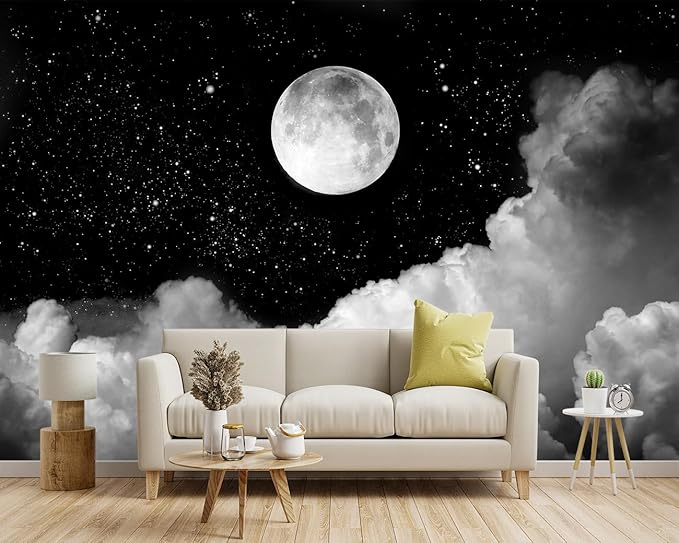 -Gray Galaxy Universe Moon Fabric Wallpaper Ceiling Starry Night White Clouds