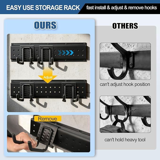 66'' Garage Tool Organizer Wall Mount 21PCS, 750lbs Heavy Duty Garden Tool Organizer with 17 Adjustable Hooks, Yard Tool Hanger for Shovel Rake Broom Ladder, Garage Wall Organization, Men's Gift