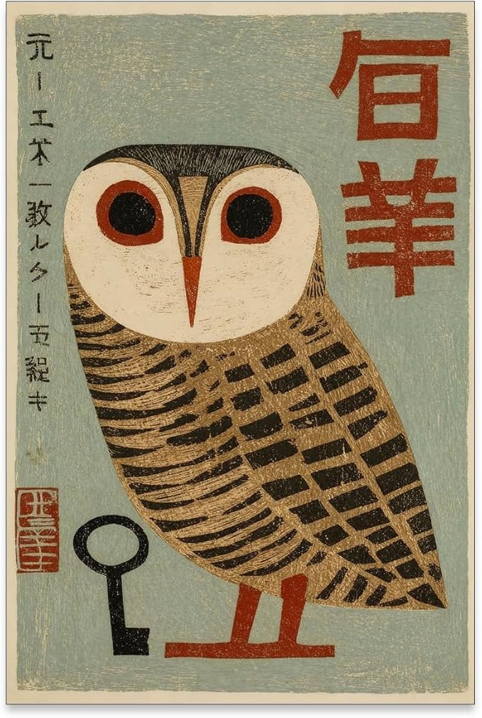 Heltrappe Vintage Japanese Canvas Wall Art Owl Poster Mid Century Animal Print