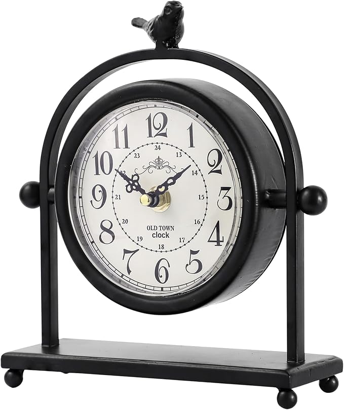 MODE HOME Silent Battery Operated Black Metal Analog Desk Clock with Bird, Small Table Clock for Farmhouse Decor, Mantel Shelf, Home and Living Room