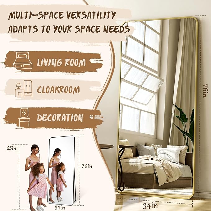 XRAMFY 76"x34" Floor Full Length Mirror Standing Full Body Rounded Corner