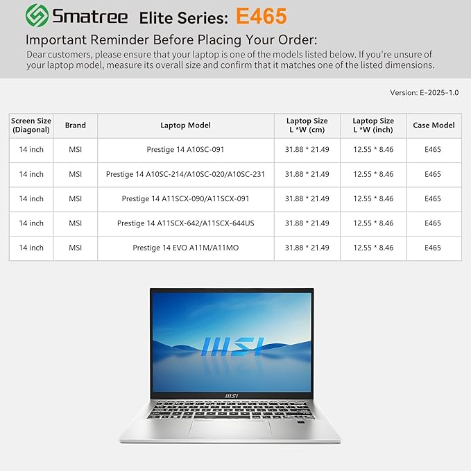 Smatree Laptop Sleeve for 14 inch MSI Prestige 14 A11SCX/A10SC, for 14 inch MSI Prestige 14 EVO A11M, Case with Accessory Pocket, YKK Zipper, Patented Shockproof Design (E465)